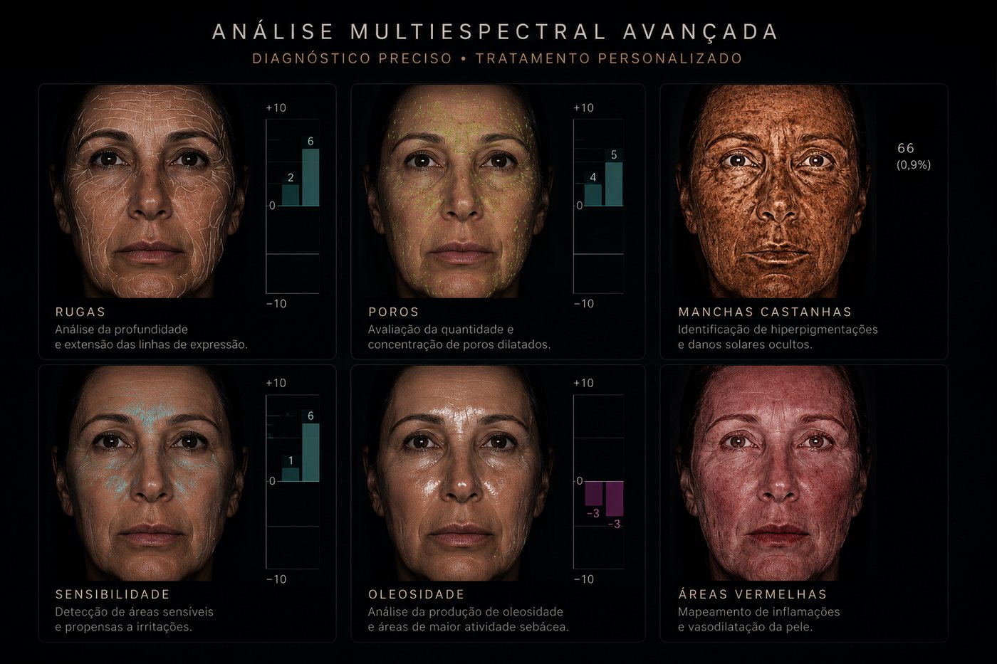 Análise digital da pele em tela, com mapeamento de manchas e textura